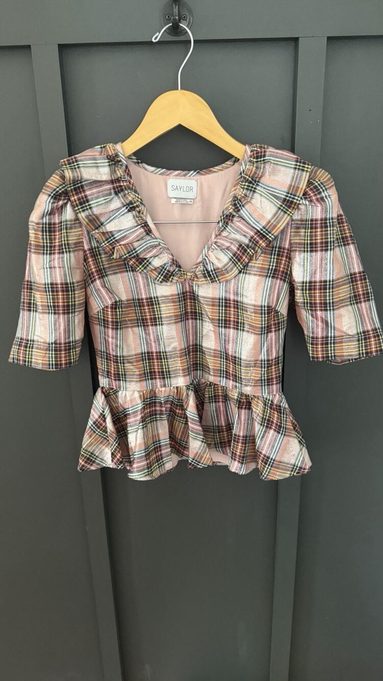 SAYLOR Ilene Metallic Plaid Peplum Top Womens XS red Pink Plaid Blouse V Neck